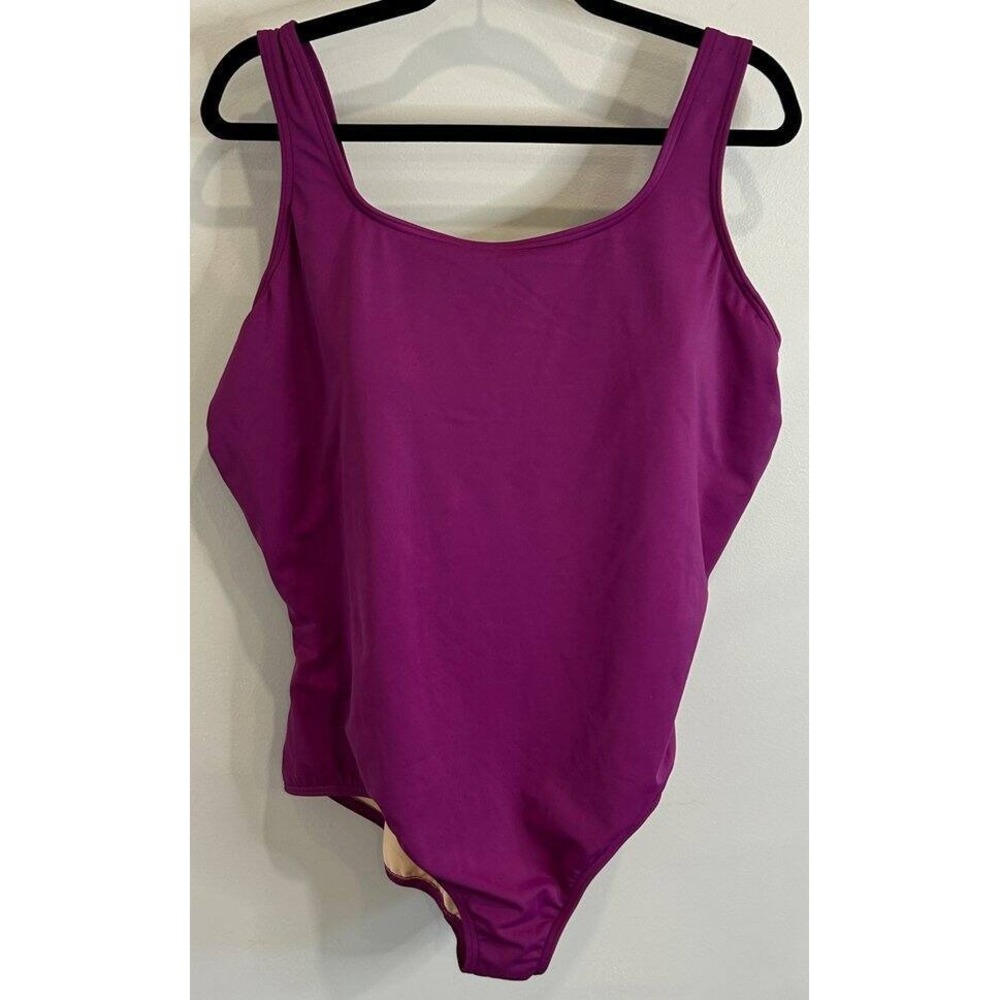 Lands End Womens Tugless Tank One Piece Swimsuit Mastectomy Scoop Neck Plum‎ 22W